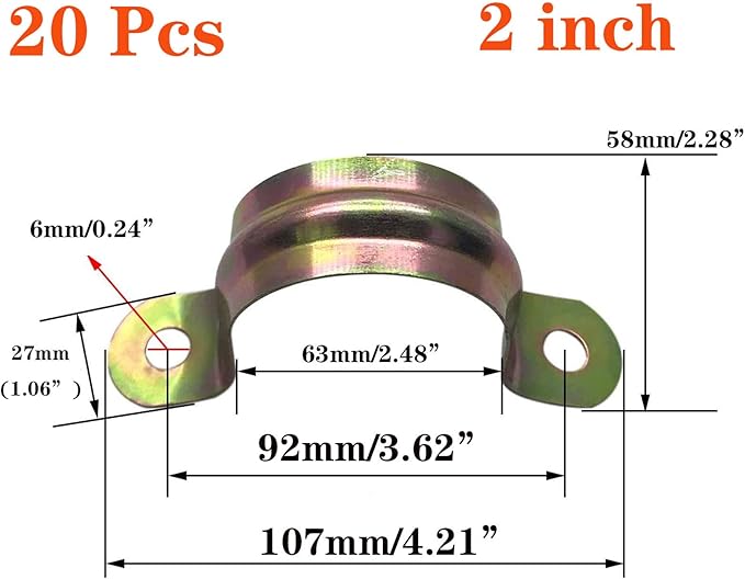 20 Pcs 2inch Rigid Pipe Strap,Two Hole Strap U Bracket Iron, Widened Tube Strap Tension Clip Assortment Kit Heavy Duty Pipe Clamp（63mm）