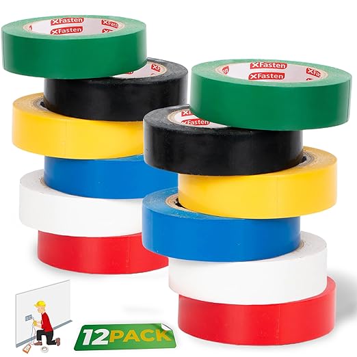 XFasten Electrical Tape 3/4 Inch x 66 Feet 12-Pack (792 Feet Total) UL/CSA Listed High Temp Residue-Free Vinyl Automotive Electric Tape Waterproof (Multicolor, 3/4 Inch x 66ft (12-Pack 792 ft Total))