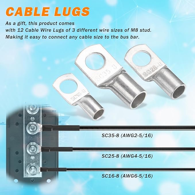 300A Heavy Duty Module Bus BAR 12V 24V 48V DC Power Distribution Block with 4 x 5/16" (M8) Studs, Gift 12pcs Cable Lugs and 20pcs Heat Shrink Tubing - Marine Bus Bar (Black-)