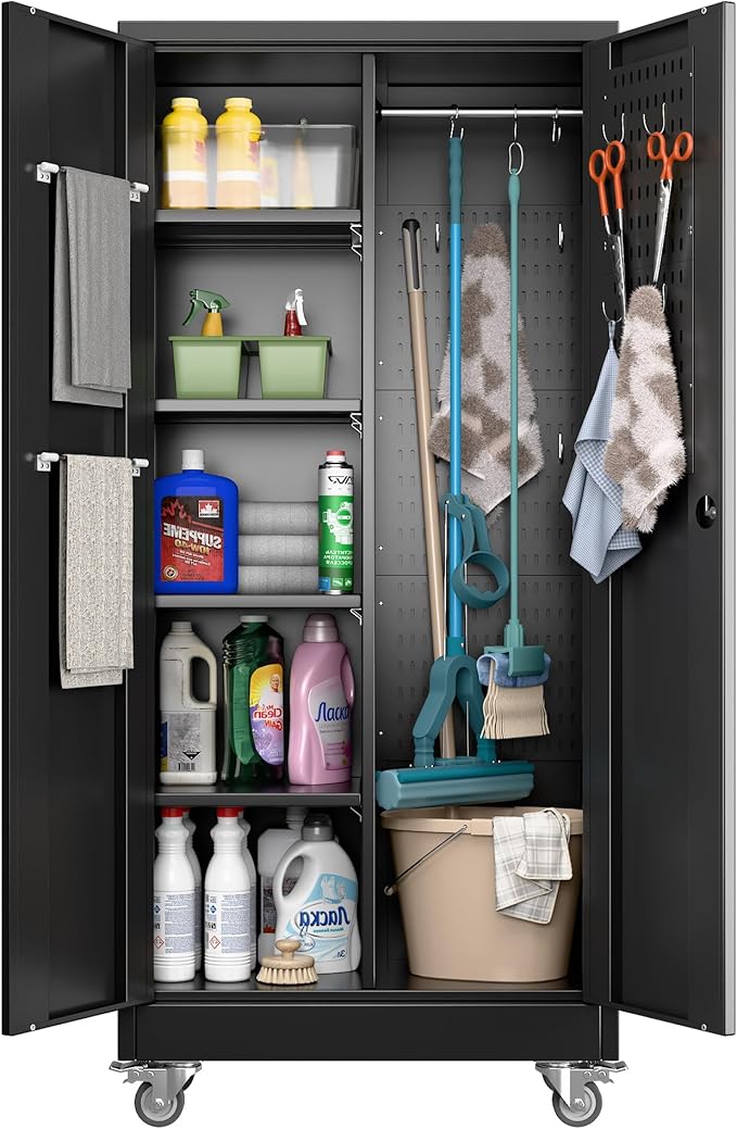 61.7" H Broom Storage Cabinet Closet with Wheels and Doors,Rolling Tool Cabinet with Pegboard,Adjustable Shelves and Rod for Garage Warehouse Home,Required Assembly,Black