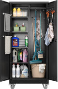 61.7" H Broom Storage Cabinet Closet with Wheels and Doors,Rolling Tool Cabinet with Pegboard,Adjustable Shelves and Rod for Garage Warehouse Home,Required Assembly,Black