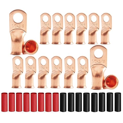 8Pcs 1/0 AWG 3/8" Stud and 8Pcs 1/0 AWG 5/16" Stud Heavy Duty Copper Wire Lugs with 16Pcs Heat Shrink Tubing Ring Terminals 1/0 Gauge Battery Cable Ends Bare Copper Eyelets