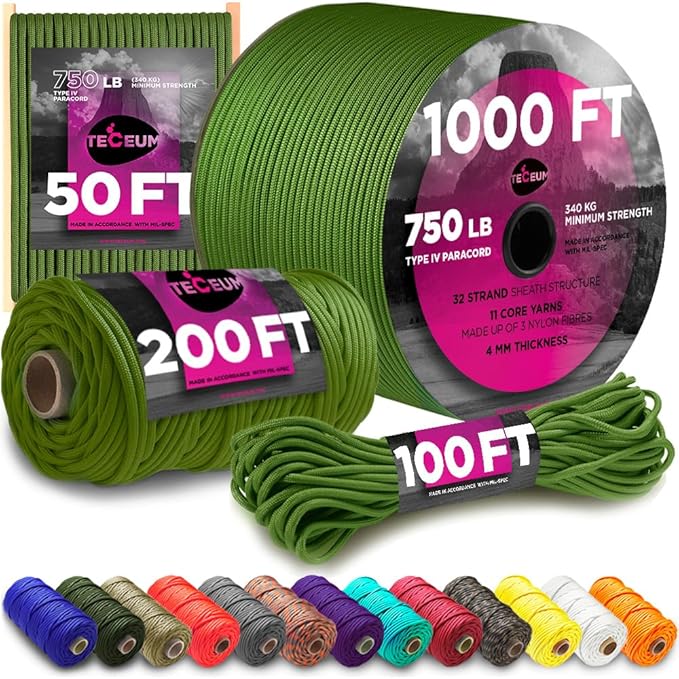 TECEUM 5/32" Paracord Rope 1000 – 1000ft / 200ft / 100ft / 50ft – Tactical Parachute Cord 4mm – 45+ Colors – Nylon String for Survival & Camping Gear – Stripe Cord for Survival – Utility Rope