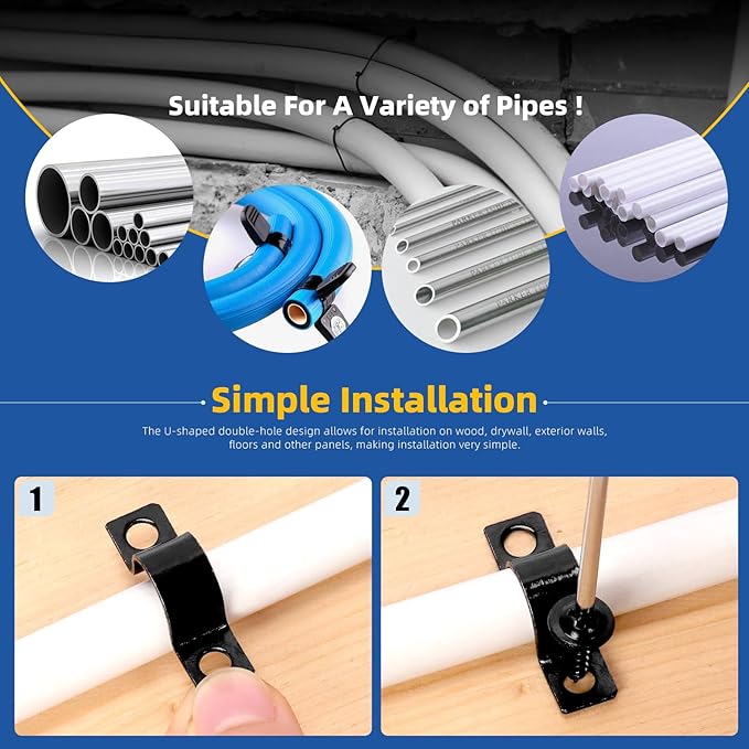 Glarks 75pcs 8mm Pipe Strap Clamp, Black Carbon Steel 2 Hole Strap Heavy Duty Rigid Pipe Strap U Bracket Tube Strap Cable Clamp Hanger Tension Tube Clip with screw for Pipe Tube Cable Fixing