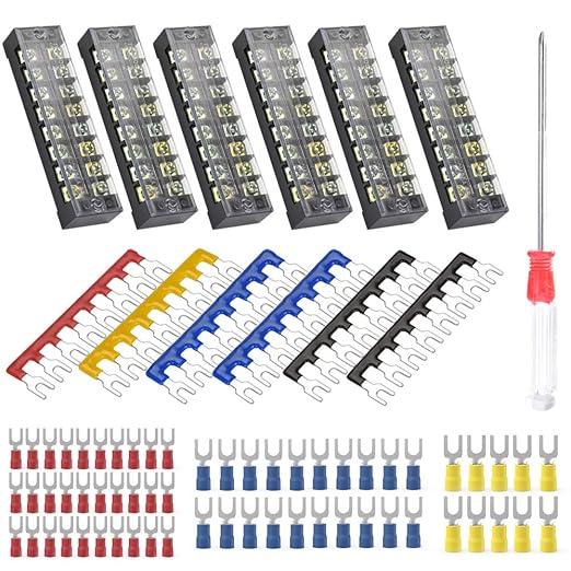 73Pcs(6Sets) Terminal Block Set, 6Pcs 8 Positions 600V 25A Dual Row Screw Terminal Strip Block + 6Pcs Pre-Insulated Terminals Barrier Strip + 60Pcs Insulated Fork Wire Connector by CGele…