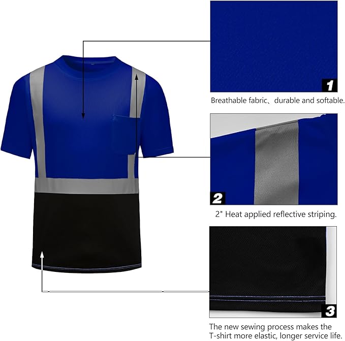 High Visibility Shirts Quick Dry Safety T Shirts with Reflective Strips and Pocket Short Sleeve Mesh Hi Vis Construction Work Class 2 Shirt for Men/Women Black Bottom Blue,2XL