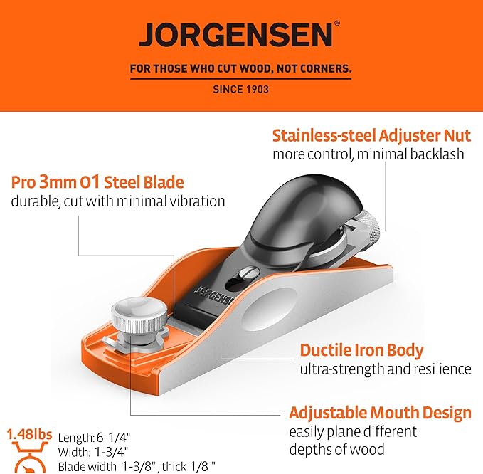 JORGENSEN NO.60-1/2 6-1/4" Wood Planer, Mini Hand Planer for Woodworking, Low Angle Block Plane, Small Hand Plane for Trimming, Wood Planing, Craft - Professional Ductile Iron Body, Adjustable Mouth
