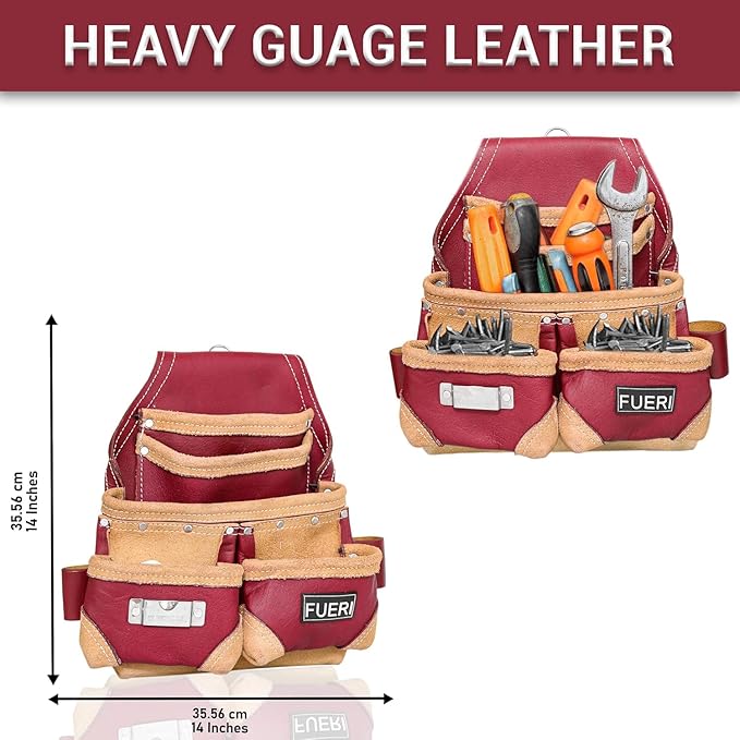 FUERI Leather Tool Belt Suspenders for Carpenters Construction Electricians Framers Bags Pouches Holder Organizer Set(16 Pocket Maroon Tool Belt Set, Adjustable)