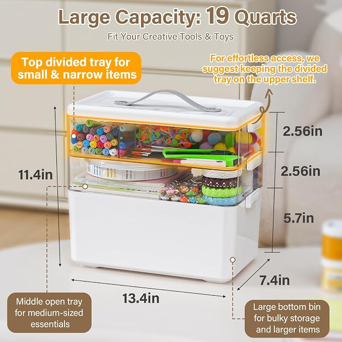 19QT Large Plastic Craft Organizers and Storage Box, 3-Layer Portable Craft - Image 5