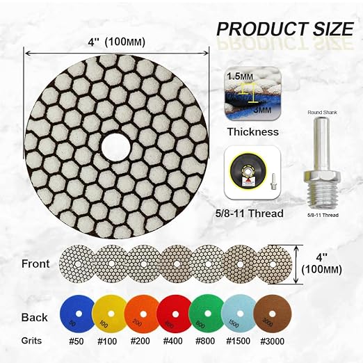 Dry Diamond Polishing Pads 4"/100mm - 8pcs Grit 50x3/100x3/200x2 Polish Pad Kit with 5/8"-11 Backer Pad +Adapter for Granite Marble Artificial Stone Quartz for Angle Grinder