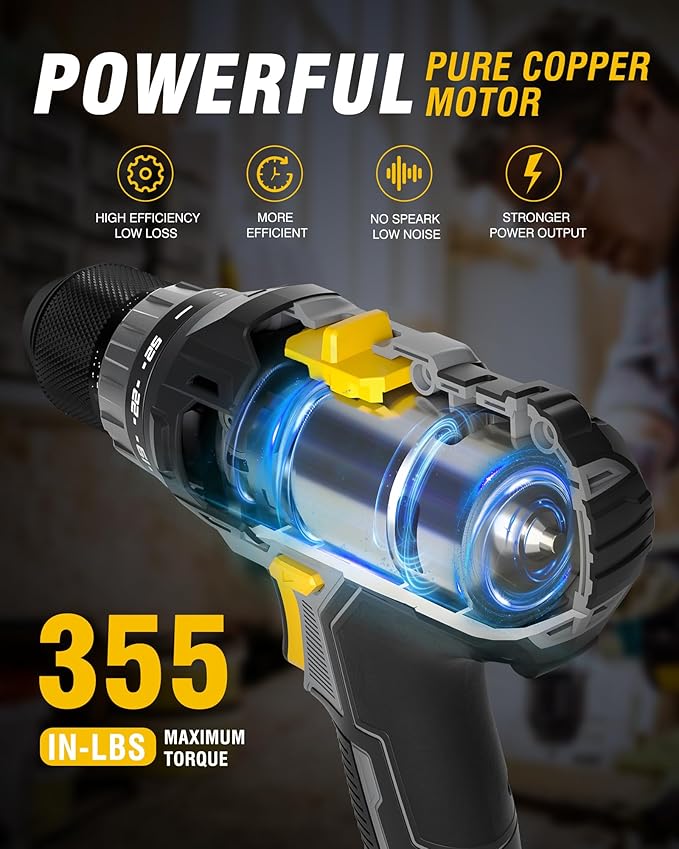 RIDA Cordless Drill Power Drill Cordless 20V 1/2'' Keyless Metal Chuck 355 In-lb(40N.m) Torque with 2.0AH Li-ion Battery & Fast Charger, Variable Speed, 25+1 Position and 22pcs Bits