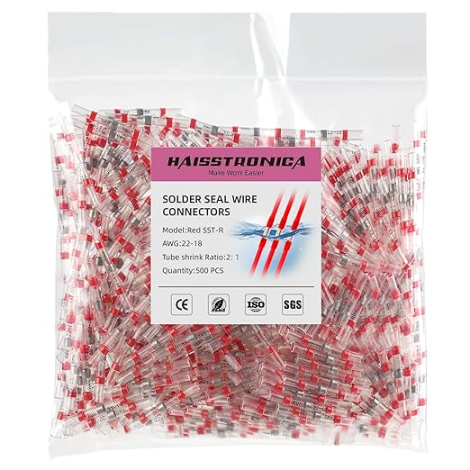 500PCS Red Solder Seal Wire Connectors AWG22-18,haisstronica Marine Grade Waterproof Solder Wire Connectors,Heat Shrink Butt Connectors,Insulated Butt Splice Electrical Connectors