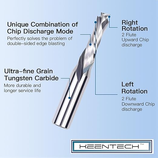 KEENTECH 1/2" Shank 2 Flute Flat Tip Compression Sprial Router Bit for CNC Router Machine, 3/8" Cutting Diameter, 1" Cutting Depth, for Wood Cutting, Custom Furniture, Slot Mortise, Engraving