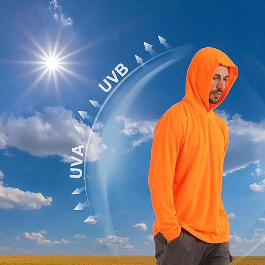 Breathable Work Long Sleeve Sun Shirt Hoodie, Sun Protection Shirts Quick Dry Hooded, Mens Construction Shirts with Hood Lightweight Orange XL