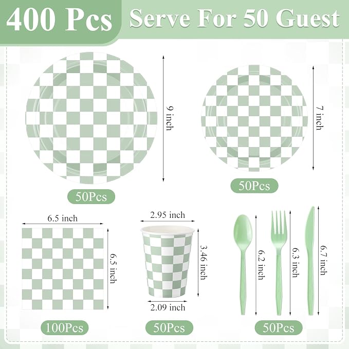 Pickmesh 400 Pcs Sage Green and White Checkered Party Decorations Set Light - Image 3