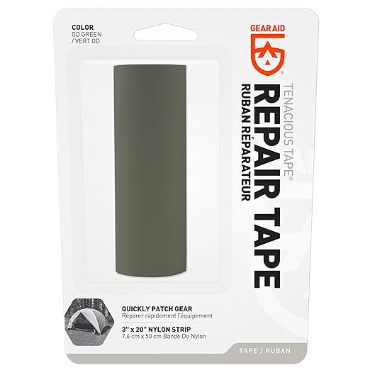 GEAR AID Tenacious Tape 3”x20” Fabric and Vinyl Gear Repair Tape, Quickly Fix Holes and Rips in Puffy Jackets, Rain and Snow Gear, Tents, Sleeping Bag and More, OD Green, 1 Pack