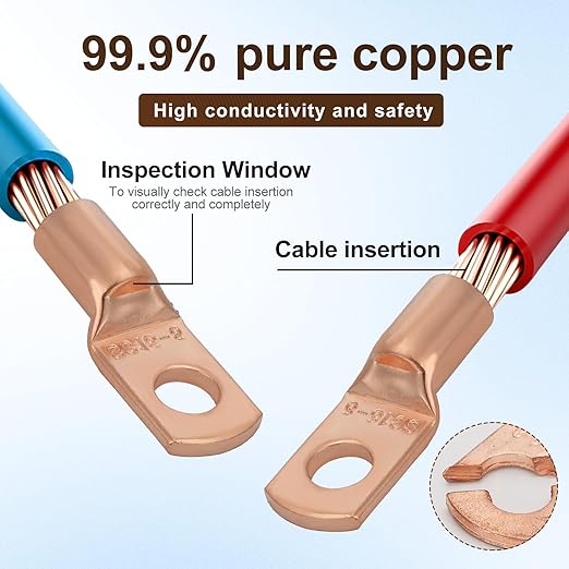 Thick Battery Terminal Copper Lugs,10Pcs Bare Copper 6Awg-1/4(M6) Ring Connections for Electric Lines Terminals for Batteries Connector Clamps with 10Pcs 3:1 Heat Shrink Tubing Assortment Kit