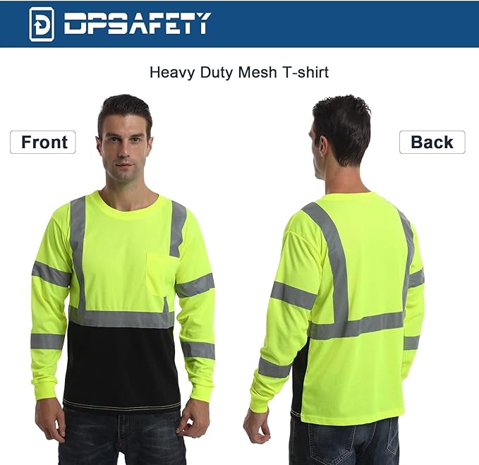 High Visibility Class 3 T Shirts，Hi Vis Safety Shirts with Reflective Strips and Pocket, Long Sleeve Quick Dry Mesh Construction Work Shirt for Men/Women Black Bottom Lime,5XL