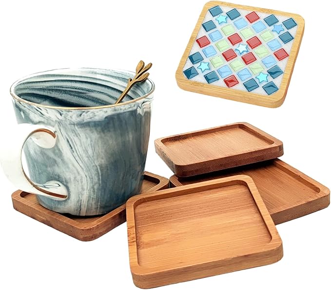 4PCS Mosaic Bamboo Coasters for Crafts, Blank Base Trays, Drinking Cup Coaster by Esweny