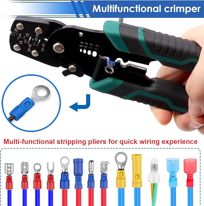 smseace 1100Pcs Crimp Wire Connectors with Crimping Tool Packed in Handheld box 22-10AWG Insulated Crimp Spade/Fork/Ring/Butt Electrical Speaker Wire Connector