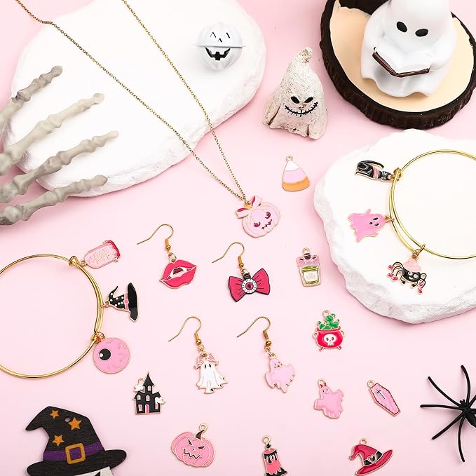 SANNIX 110Pcs 55 Pairs Pink Halloween Charms Bulk Cute Enamel Jewelry Charm | - Image 4