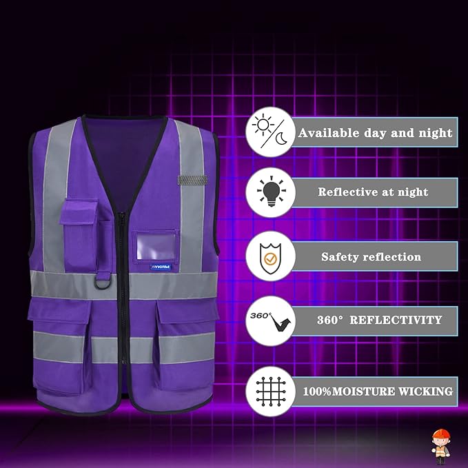 A-SAFETY Purple High Visibility Safety Vest with 4 Reflective Strips 7 Pockets,Small