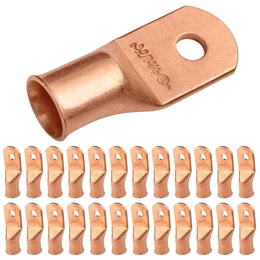 SELTERM 25pcs 2/0 AWG 1/4" Stud Battery Lugs, Ring Terminals, Heavy Duty Copper Wire Lugs, Battery Cable Ends, 00 Gaug Ring Terminal Connectors, UL Bare Copper Eyelets Electrical Battery Cable Lugs
