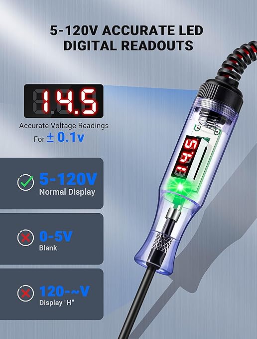 JASTIND 5-120V Digital Automotive Test Light with LED Voltage Display, Automotive Circuit Tester with Voltmeter & Stainless Probe, Voltage Light Tester with Alligator Clip for Car Fuse Circuit Testing