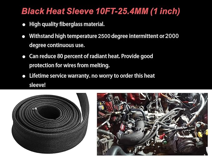 Fiberglass Hose Heat Shield Sleeve Spark Plug Wire Heat Protector Boots Auto Hose Roll 2500 Degree for Car&Auto Wire Loom Brake Line Cable (Black 1" IDX10')