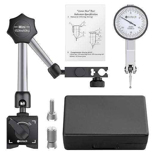 Neoteck 0-0.03"/0.0005" Dial Test Indicator with 132lbs(60kg) Max Pull Magnetic Base Stand Test Indicator Set with 3/8 inch (9.52mm) Clamping Hole for Machine Set-Up and Narrow Area Measurement-Silver