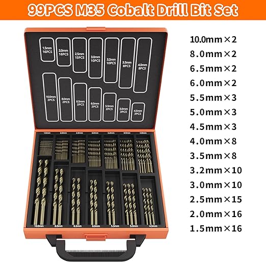 ENERTWIST Cobalt Drill Bit Set, 99Pcs HSS Twist Jobber Drill Bits,135° M35 Metric Drill Bits for Hardened Metal, Stainless Steel, Cast Iron, Wood and Plastics with Metal Index Storage Case(1.5mm-10mm)