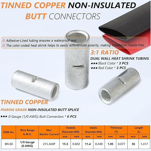 SVAAR 6PCS 0 Gauge Non Insulated Butt Connectors 1/0 AWG Uninsulated Butt Splice Connectors Crimp Repair Butt Splices Kit Tinned Copper Seamless Barrel Butt Splice Terminals & 6PCS 3:1 Heat Shrinks