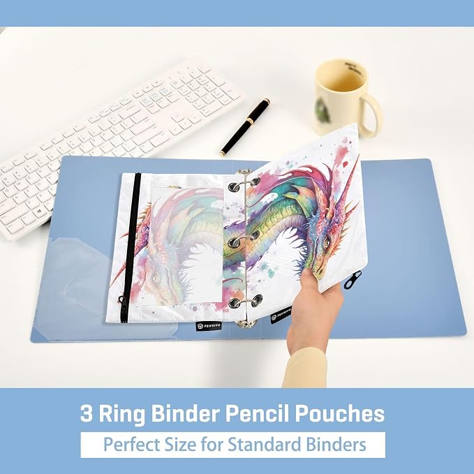 Watercolor Dragon Pencil Pouch for 3 Ring Binder, 2 Pack Waterproof Pencil Bags - Image 4