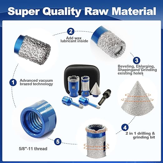 Tile Hole Saw Kit - BRSCHNITT Diamond Core Drill Bit Set 1/4",5/16",1-3/8"Drill Bit &1" Diamond Finger Milling Bit &1 3/8" Chamfer Bit for Porcelain Tile Ceramic Marble Granite & Adapter