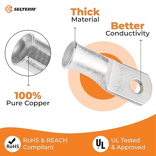 SELTERM 25pcs 4 AWG #10 Stud Marine Grade Tinned Copper Battery Cable Lugs, 4 Guage Ring Terminals, UL Wire Lugs Electrical Battery Cable Ends, Tinned Copper Lugs Battery Terminal Connectors
