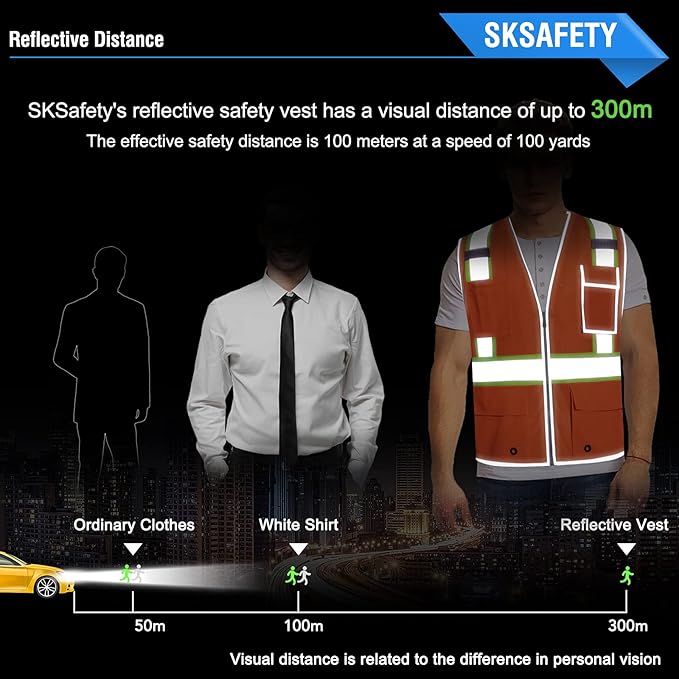 SKSAFETY 10 Pockets Safety Vest, Class 2 High Visibility Security with Zipper Double-sided mesh, Hi Vis Vest with Reflective Strips, ANSI/ISEA Standard, Construction Work Vest （Orange, 4XL）