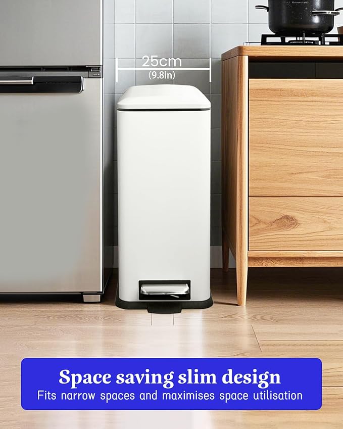 Kitchen Rubbish Bin, 30 L, Narrow Pedal Bin with Lid, Stainless Steel Kitchen Rubbish Bin with Inner Bucket, Rectangular Waste Bin for Kitchen, Bathroom, Bedroom, Office, White