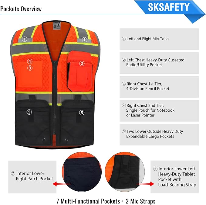 SKSAFETY Professional Class 2 High Visibility Safety Vest With Zipper - 10 Pockets, Reflective Strips, ANSI/ISEA Standard, Construction Work (Orange Black, 5XL)
