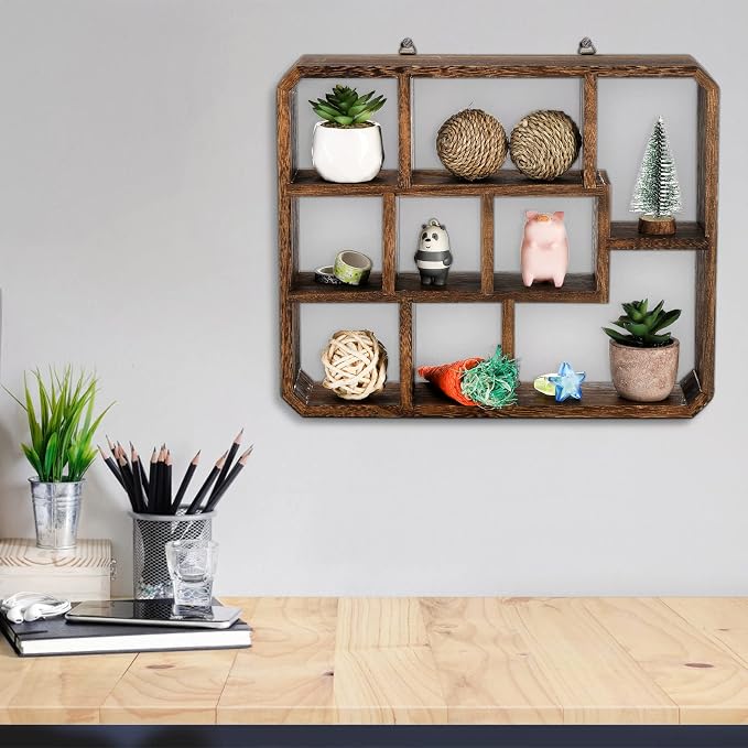 Frcctre Rustic Shadow Box Display Shelf, 9 Compartments Wood Hanging Display - Image 8