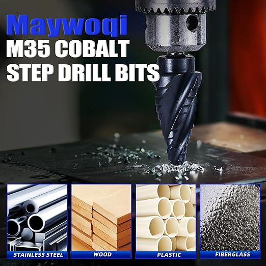 Four Spiral Flute Cobalt Step Drill Bit, 1/4"-1-1/8" M35 Cobalt Step Drill Bit Wear-Resistant AlTiN Coated, 1/4" Hex Shank for Hole Drilling in Stainless Steel, Copper, Aluminum, Wood, Plastic