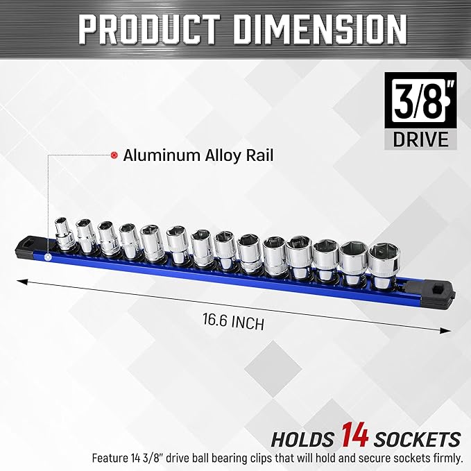 ALOANES 3/8-Inch Drive Magnetic Socket Organizer, Heavy Duty Aluminum Socket Rail Organizer, 360° Swivel Clips Socket Holder Kit for Tool Box, 3/8-Inch Socket Holder x 14 Clips (Blue)