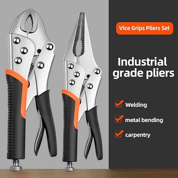 4-Pack Locking Pliers & Vice Grips Set - 2x 10" Curved Jaw Locking Pliers, 2x 9-1/2" Needle Nose Vise Grips for Welding, Metal Bending & Woodworking - Ergonomic Handle