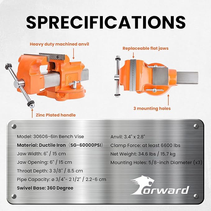 Forward Bench Vise 6 Inch Ductile Iron Bench Vice with 360 Degree Swivel Base and Channel Steel Guide Bar 30606 (6")