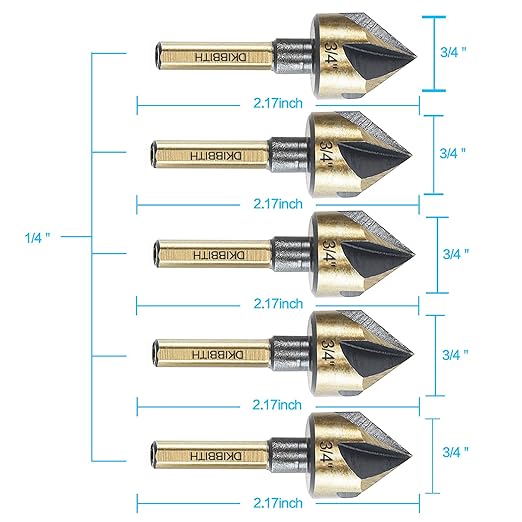 Countersink Drill Bit Set, 5 Pieces High Speed Steel 82 Degree 5 Flute 6mm Round Shank Mill Cutter Bit Countersink in Sizes 3/4" Set with Carrying Case.