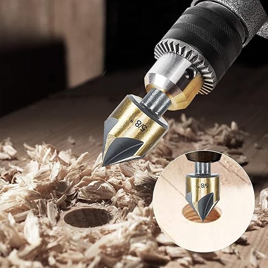 Countersink Drill Bit Set, 5 Pieces High Speed Steel 82 Degree 5 Flute 6mm Round Shank Mill Cutter Bit Countersink in Sizes 5/8" Set with Carrying Case.