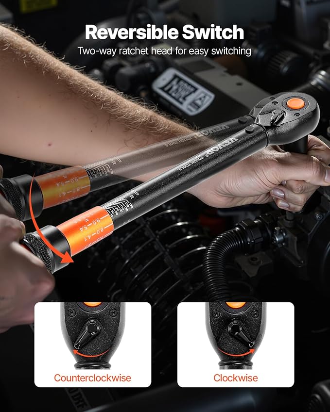 VEVOR 1/2-inch Drive Torque Wrench, 10-170 ft.lb/13.6-230.5 Nm, Dual-Direction Adjustable 72 tooth Click Torque Wrench with Buckle for Bicycle, Moto and Car Maintenance