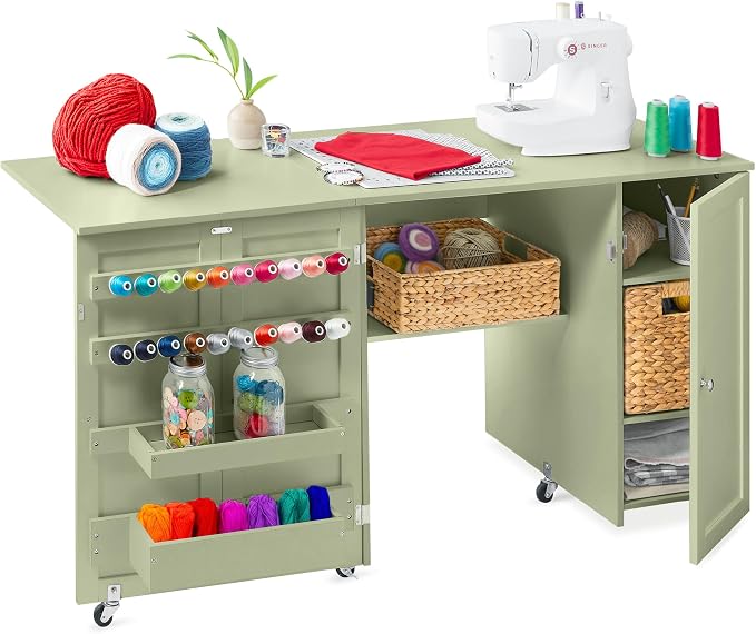 Best Choice Products Large Folding Sewing Table, Caster Wheels, Storage Shelves by Unknown