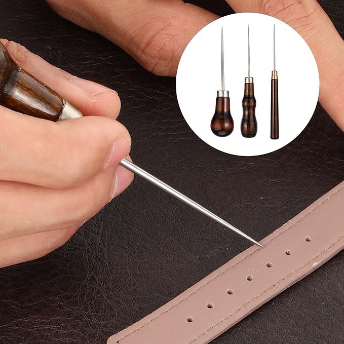 3 Pcs Awl Tool Set Scratch Awl Tool with Wooden Handle Gourd Piercing Bradawl Needle Tools Shape Pin Punching for Leather Punch Hole Craft Repair Shoes (Reddish Brown)