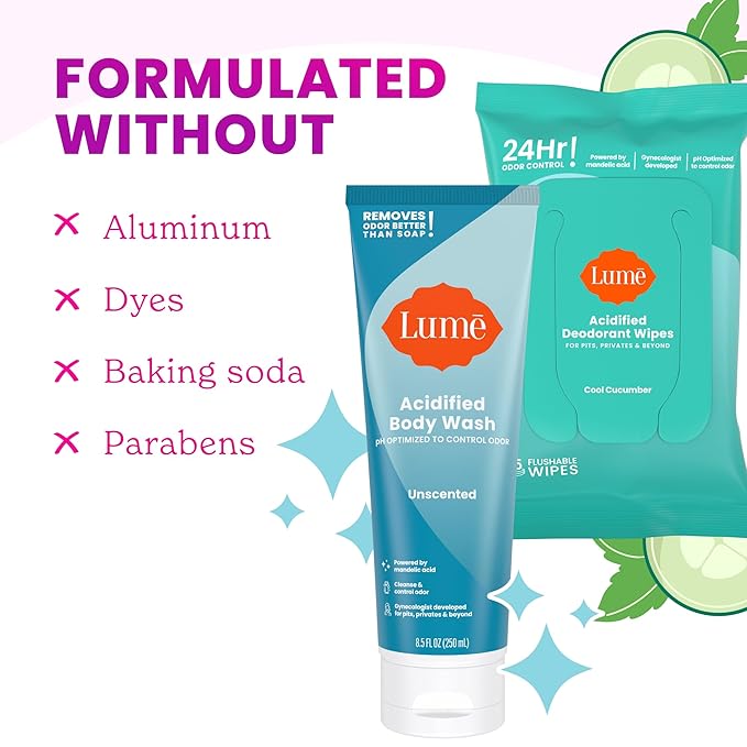 Lume Acidified Body Wash & Flushable Deodorant Wipes - 24 Hour Odor Control - Hydrating Wash - Without SLS or Parabens - OB/GYN Developed - 8.5 Ounce (Unscented) 15 Count Wipes (Cool Cucumber)