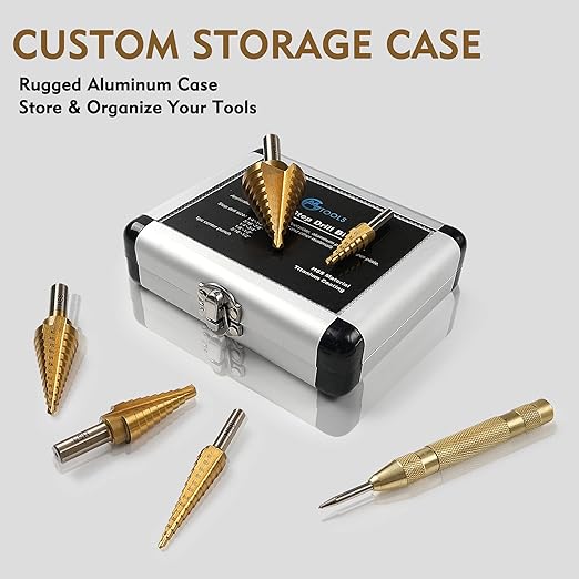 6 Pcs Step Drill Bit Set, High Speed Steel Unibit Drill Bits, Stepped Up Bits & Automatic Center Punch for Sheet Metal, DIY Lovers with Aluminum Caes, Total 50 Sizes for Multiple Hole